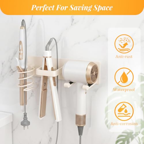 Hair Dryer Holder Wall Mount No Drill, 3 in 1 Curling Iron Holder & Flat Iron Holder, Heat Resistant Bathroom Hair Tool Organizer, White - style: Hook style
