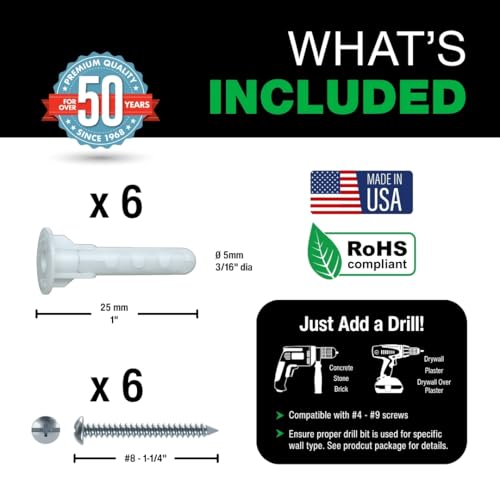 TOGGLER Alligator AF5 Wall Anchors with Screws, 3/16" Pack of 6 - size: 6 Pack w/ Screws