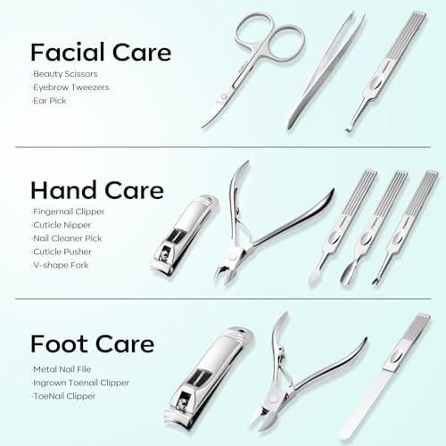 FAMILIFE Stainless Steel Manicure Set 11-in-1 Professional Nail Clipper Kit | Portable Leather Travel Case, Pedicure & Grooming Tools for Fingernails & Toenails, Luxury Gift for Men & Women, Mint Green - color: Mint Green