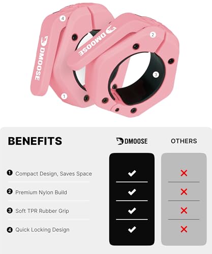 DMoose Fitness Barbell Clips 2 Inch (Pair) - Quick Release Olympic Barbell Clamps & Collars with Anti Slip TPR Grip for Secure Weightlifting and Powerlifting - Weight Clips for Bars at Home or Gym - color: Pink, style: Non Magnetic