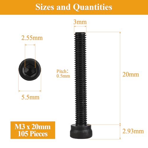 105 Pieces M3 x 20mm Socket Head Cap Screws, Thread Pitch 0.5mm, Sutemribor M3 Black Screws, 12.9 Grade Alloy Steel, Black Oxide Finish, Fully Threaded - size: M3 x 20mm, style: Socket Head