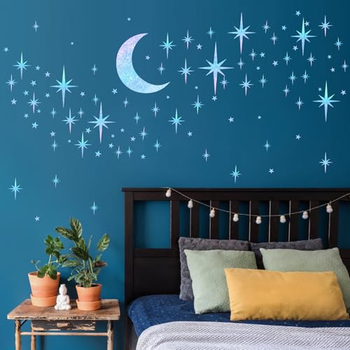 Retro Star Moon Wall Decals Sparkle Art Stickers Mid Century Modern Decor - color: Blue Star and Moon
