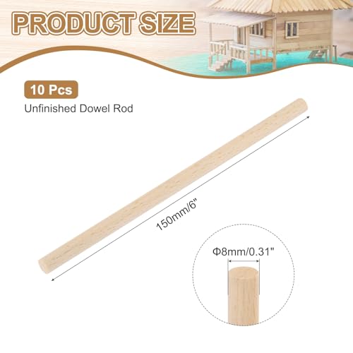 MECCANIXITY Wooden Dowel Rods,(8mm) 1/4 x 6 Inch Round Wooden Rod Unfinished Solid Wood Sticks Crafts Wand for Arts Decoration, Craft and DIY Projects Wand,Pack of 10 - size: (8mm)1/4 x 6 Inch