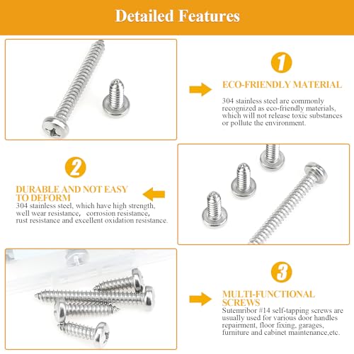 45 Pieces #14 x 3/4" 1" 1-1/4" 1-1/2" 2" Wood Screws Set, Phillips Pan Head #14 Self-Tapping Screws Assortment Kit, 304 Stainless Steel - size: #14, style: Phillips Pan Head