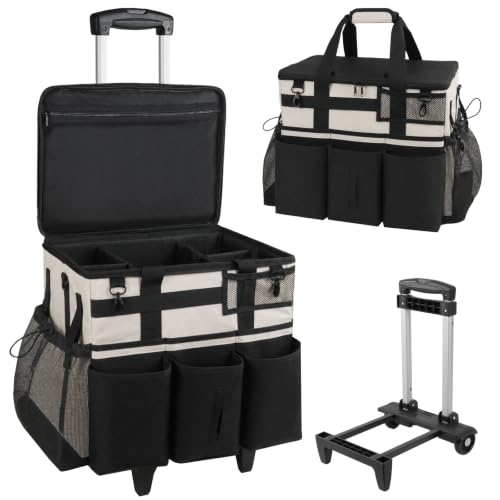 SCAVATA Rolling Cleaning Caddy Bag with Detachable Trolley, Large Cleaning Supplies Organizer with Wheels, Multi-Pocket Cleaning Cart with Adjustable Shoulder Strap for Housekeepers (CreamWhite) - color: CreamWhite