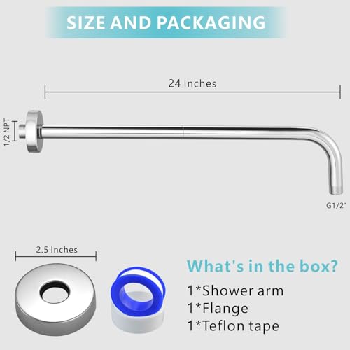 Shower Arm with Flange, 24 Inches Wall Mount Replacement Extension Showerhead Arm For Fixed Shower Head, Chrome - color: Chrome, style: 24 Inch