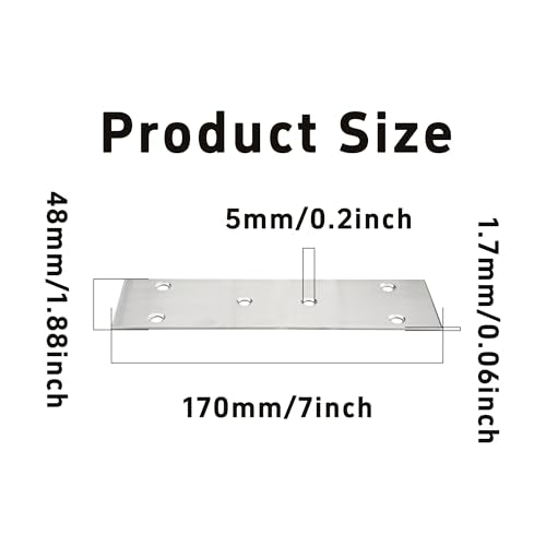 2pcs 7''x1.9'' Stainless Steel Flat Mending Plate, Heavy Duty Joining Plate Bracket Fixing Brace, Straight Brace Bracket for Furniture, Wood, Shelves, Cabinet (Silver) - size: 170*48mm-Silver
