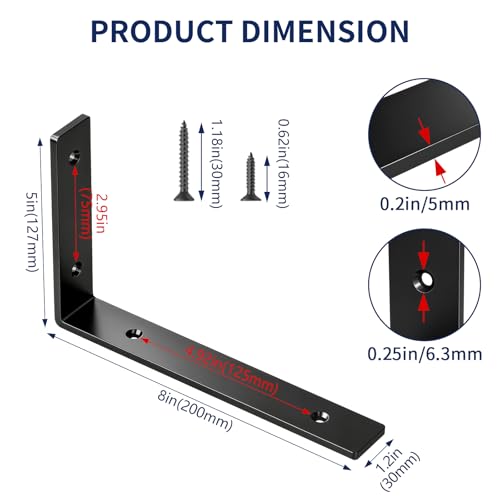 LSK 6PCS Shelf Bracket, L 8"×H 5", 5mm Thick Heavy Duty L Bracket, Black - color: Black, size: 8x5 inch (heavy duty)