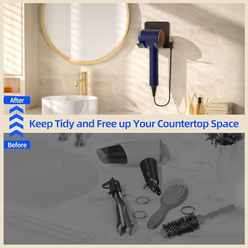 Hair Dryer Holder, Blow Dryer Holder Wall Mounted Hair Tool Organizer Self Adhesive Hair Dryer Holder Wall Mount, Compatible for Dyson Hair Dryer Holder for Bathroom Black PTALSEAW - color: Black