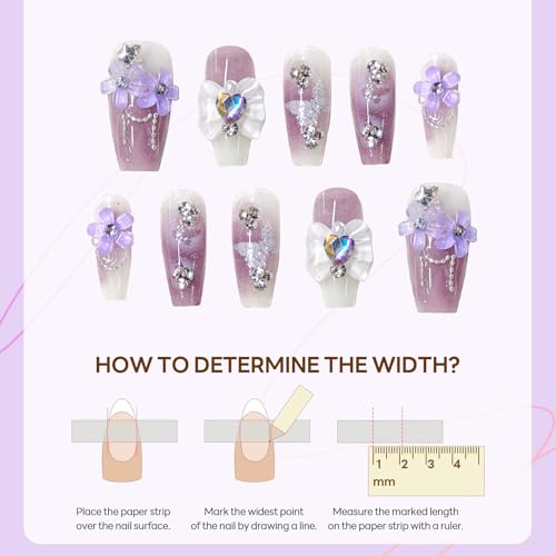 3D Purple Press on Nails Almond - Medium French Tip Fake Nails with Embossed Flower&Butterfly Bead Designs, Glossy Finish Reusable False Nails for Women Manicure(3D Embossed design 24） - color: 3D Embossed design 24