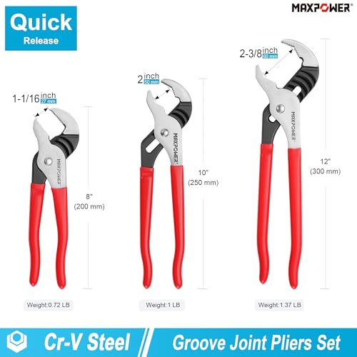 MAXPOWER 8" 10" 12" Groove Joint Pliers, Jaw Opening 1-1/16", 2", 2-3/8" - size: 8" 10" 12"