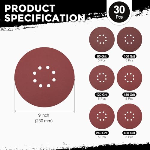 30Pcs Sanding Disc 9Inch 8 Hole Hook and Loop Sanding Paper - size: 9 Inch(80/100/120/180/240/400 Grit)