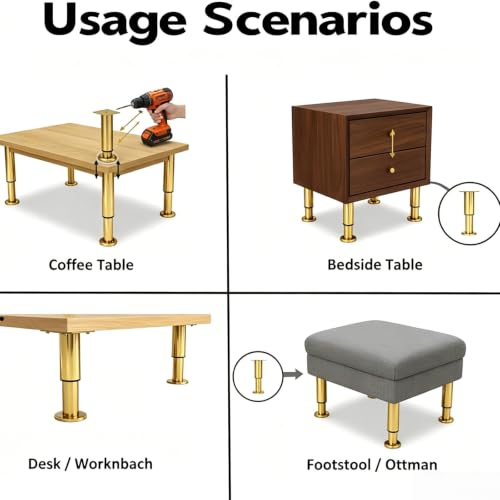 6Pcs Adjustable Gold Metal Furniture Legs 7.08-11.9 Inch Cabinet Desk Sofa - color: Gold, size: 7.08"-11.9"-Set of 6
