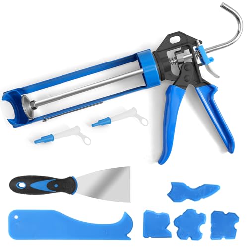 Professional Caulk Guns, Heavy Duty Caulking Gun,Thrust Ratio 14:1,No-drip Rotating Barrel,10OZ Silicone Sealant gun, Come with Putty Knife,Caulk Finishing,Smoothing&Grout Removal Tool Kit - style: Professional