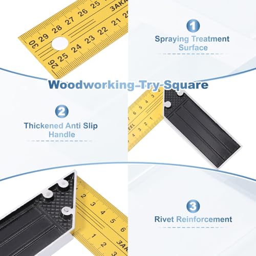 HARFINGTON 2Pcs Woodworking Square Ruler 6" Carbon Steel Try Square Metric Precision Framing Carpenter Tool Right Angle Ruler with Aluminium Handle for Professional Carpentry, Yellow Black - size: 6"