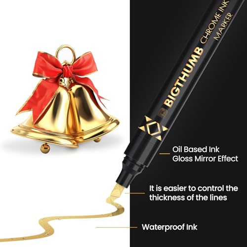BIGTHUMB 3Pcs Liquid Chrome Paint Markers, Gloss Mirror Marker, Oil-based Permanent Chrome Maker, Reflective Metallic Pen Markers for Repairing, Model Painting DIY Art Projects, Gold - style: 3PCS Gold