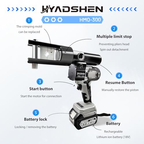 Electric Hydraulic Cable Lug Crimping Tool, Hydraulic Electrical Terminal Cable Lug Wire Crimper Rechargeable Crimping Tool Kits with 11 Dies, 6 AWG to 600 MCM（HMQ-300）