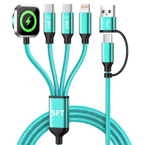 Travel Essentials Multi Charging Cable with iWatch Charger/2 USB-C/IP, 5FT - color: Emerald, size: 1Pack 5FT