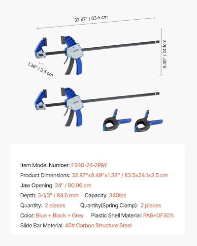 VEVOR Bar Clamps for Woodworking, 2-Pack 24 inch One-Handed Clamp/Spreader, Quick-Grip F-Clamp with 340 lbs Load Limit, Premium Plastic and Carbon Steel, for Woodworking Metal working, Blue + Black - size: 32.87 x 9.49 x 1.38 inch, style: Quick Grip