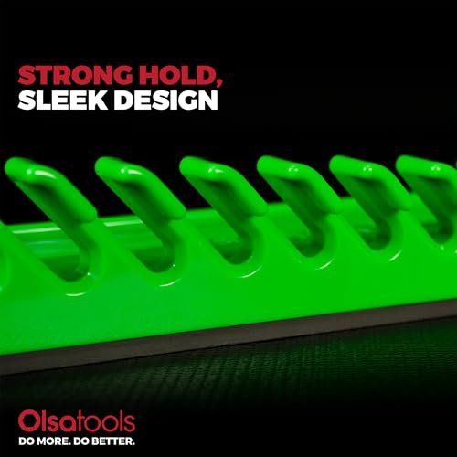 Olsa Tools Magnetic Wrench Organizer, Green - 15 Slot Wrench Holder Rack - SAE and Metric Wrench Storage Rail for Toolbox or Wall - Scratch Free Rubberized Magnetic Base - Part: 1875 - color: Green