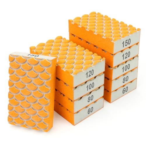 10 Pack Sanding Sponges, Washable Reusable Sanding Blocks, Wet Dry Sandpaper Sponge Set with 60/80/100/120/150 Grit for Woodworking, Drywall, Furniture, Paint, Metal & Home Improvement