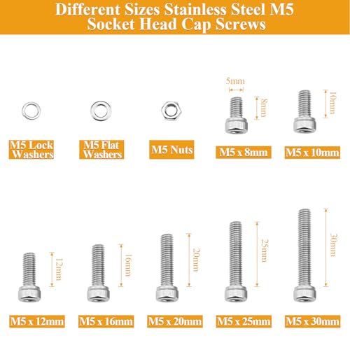 205 Pieces M5 Screws Nuts Washers Set, Sutemribor M5 x 8/10/12/16/20/25/30mm Hex Socket Head Cap Screws Nuts Washers Assortment Kit, 304 Stainless Steel, Fully Threaded - size: M5 Screws Kit, style: Socket Head