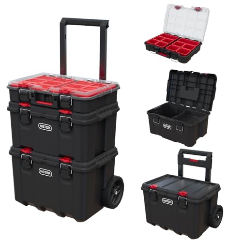 Keter Stack N Rolling Tool Box Modular Storage System 3 Piece - color: Black/Red, size: 3PC System