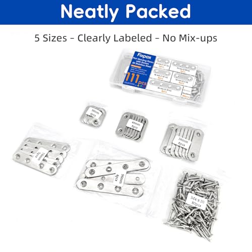 111PCS 5 Sizes Flat Mending Plates for Wood Metal Brace Bracket Stainless Steel Straight Wood Brackets with Screw Holes 1.4"/1.8"/2.2"/3.0"/3.8" inch(Silver) - color: Silver