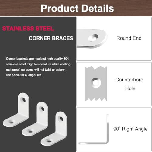 20 Pcs White L Bracket 1 Inch Stainless Steel Corner Braces, 25x25MM 90 Degree Right Angle Joint Brackets for DIY Wood, Furniture, Frame, with Screws - size: L/1inch*1inch 20Pack