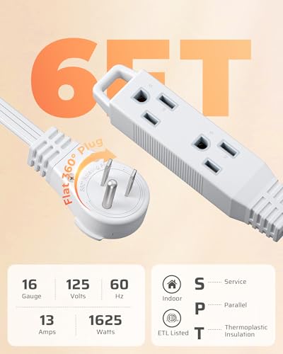 DEWENWILS 6FT 360° Rotating Flat Plug Extension Cord/Wire, 16/3, 2 Pack - color: White, size: 6FT, style: 2 Pack