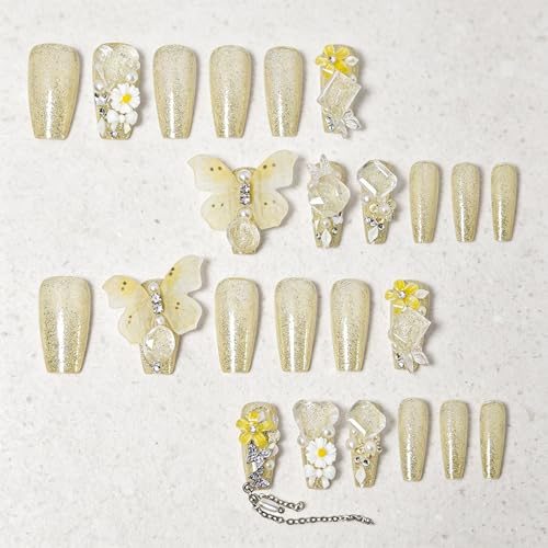 3D Press on Nails Almond - Long Square Fake Nails with Embossed Flower&Butterfly Designs, Glossy Finish Reusable False Nails for Women Manicure(3D Embossed design 22） - color: 3D Embossed design 22