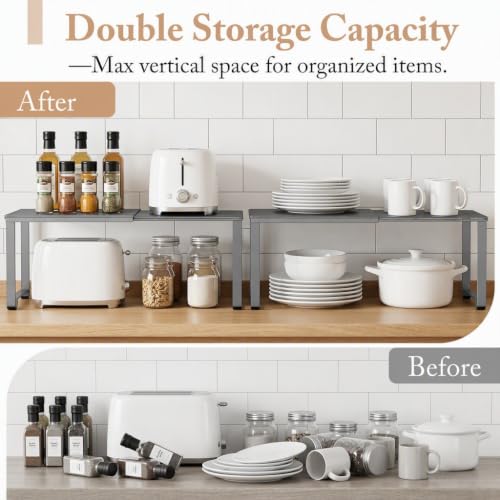 Extendable Metal Wire Shelf Organizer - Adjustable 15-24.4in Length, Stackable Storage Rack for Kitchen/Pantry/Bathroom/Shoe Cabinet/Tool Closet (Gunmetal, 4 Pack) - color: Gunmetal, size: 4 Pack