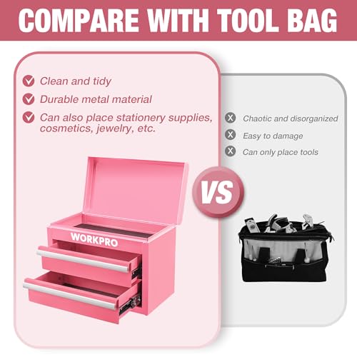WORKPRO Metal Mini Tool Box with 2 Drawers and Top Storage - color: Pink