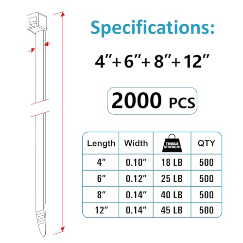 Zip Ties Assorted Sizes(4”+6”+8”+12”), 2000 Pack, Black Cable Ties, UV Resistant Wire Ties by ANOSON - size: 4"+6"+8"+12"/2000 Pack