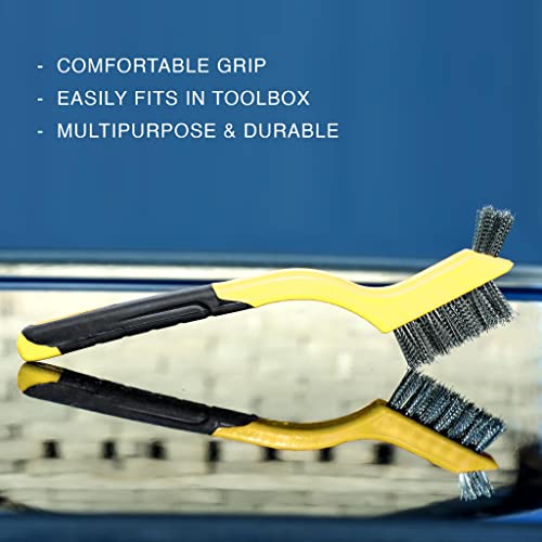Lavaxon Wire Brush Set 3Pcs - Nylon/Brass/Stainless Steel Bristles with Curved Handle Grip for Rust, Dirt & Paint Scrubbing with Deep Cleaning – 7 Inches (Yellow) - color: Yellow