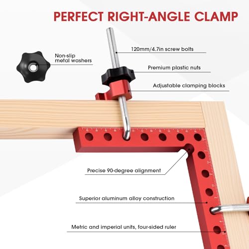 Neddie 90 Degree Corner Clamps for Woodworking, 4-Pack 5.5-Inch Squares | Anodized aluminum, 8 L-bolts with adjustable blocks, up to 3.5 in, dual-unit scales, case, cabinets, drawers, boxes, frames