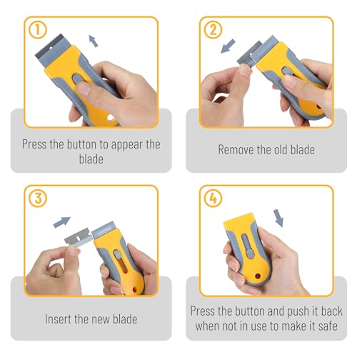 Bates- Razor Blade Scraper Tool, 2 Pack, 30 Extra Carbon Steel Blades, Anti-Slip Ergonomic Handle Design, Razor Scraper Set for Cleaning Window, Paint, Oven, Glass, Stove - color: Yellow and Gray