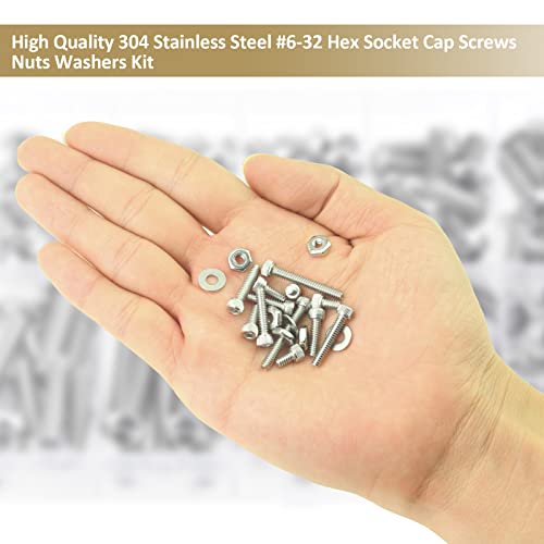 252 Pieces #6-32 x 3/16", 1/4", 5/16", 3/8", 1/2", 5/8", 3/4", 1", Hex Socket Head Cap Screws Nuts Washers Assortment Kit, 304 Stainless Steel, Fully Machine Thread - size: #6-32, style: Socket Head
