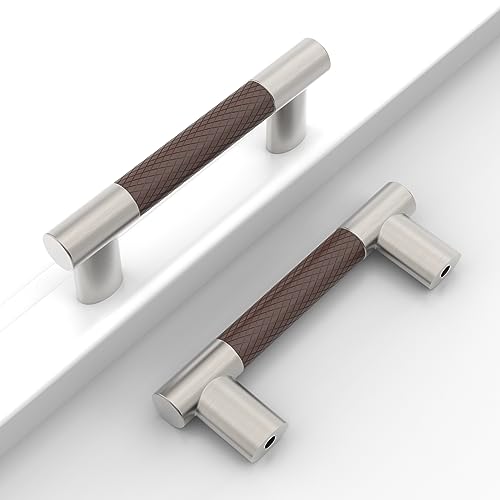 Brown & Nickel Knurled Cabinet Handles Kitchen Pulls 3 Inch 10 Pack - color: Brown and Nickel, size: 3" Hole Center