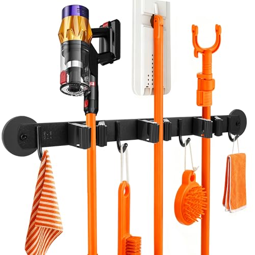 Magnetic Broom Holder Wall Mount with 4 Hooks and 3 Rack- Heavy Duty Non-Slip Mop Hanger for Wet Mops &Cleaning Tools on Refrigerator,Metal Door,Garage,Kitchen (3Racks 4Hooks)