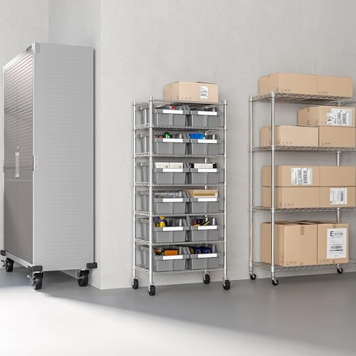 7-Tier NSF 12-Bin Steel Wire Shelving Rack, 25"W x 14"D x 56"H, Gray | 12 slide-out bins with tilt-lock design keep supplies organized and accessible - color: Gray, size: Includes 12 Bins