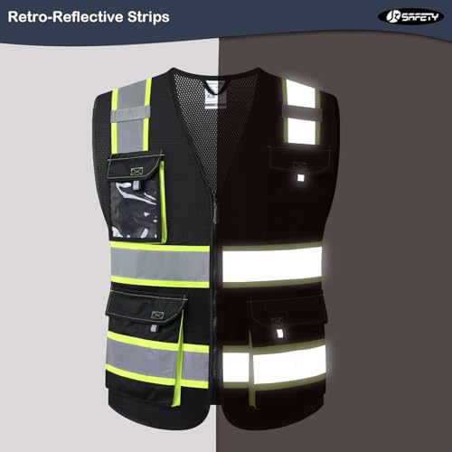 JKSafety Hi Vis Reflective Safety Vests for Men Women High Visibility Vest with Pockets Fabric Construction Safety Apparel Neon Vest for Work (220-Black M) | 5 utility Pockets 4 Reflective Strips High Visibility Mesh Fabric Construction Safety Apparel Neo