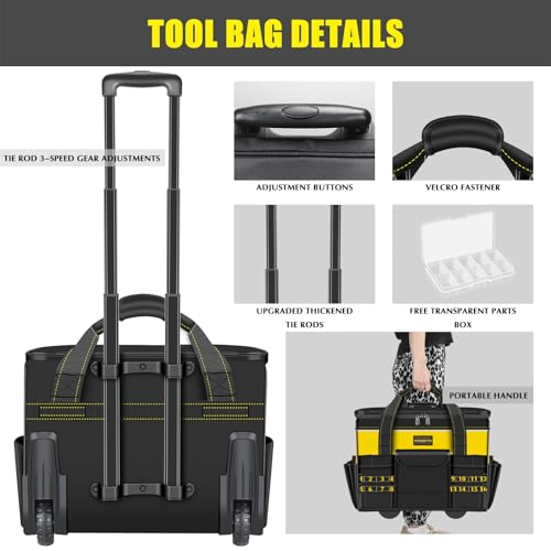 21"Rolling Tool Bag with Wheels,1680D Waterproof Rolling Tool Tote Bag