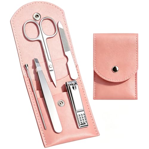 HANTEKAS Travel Manicure Set Professional Nail Clipper Kit-5 Pieces Stainless Steel Manicure Kit, Women Men Grooming kit With Nail Care Tools Beauty Scissors Tweezers (Silver Pink) - color: Pink
