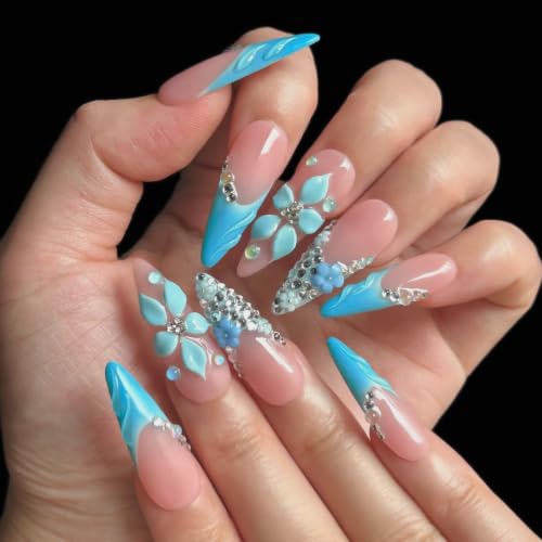 MAGLFELL Handmade Press on Nails, Long Length Stiletto False nails, French Blue 3D Floral Fake nails with Water Droplet, 10 Pcs Reusable Stick On Nails Thick Acrylic ABS for Women (Size L) - color: Blue Flower, size: L