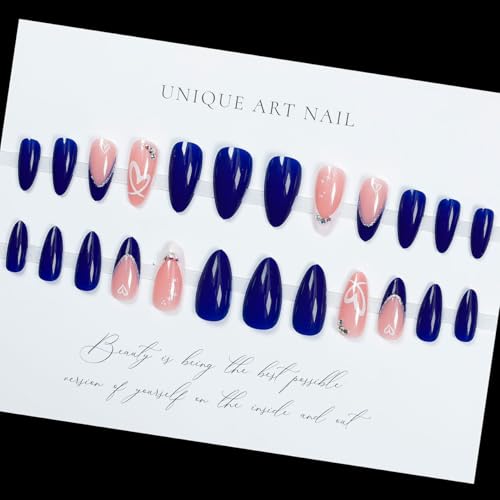 LPOODDNU Press on Nails Almond Medium - Blue French Tip Fake Nails with Heart&Diamond Designs, Glossy Finished Reusable False Nails with Double Adhesive Glue Tabs - 24Pcs Nail Kit for Women Manicure - color: blue french tip heart