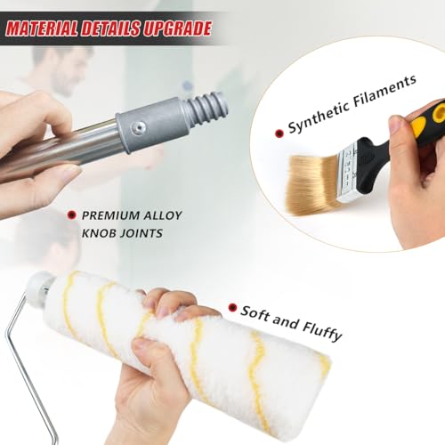 Paint Roller Set 11Pack, 1.9m Paint Roller Extension Pole 4 with Paint Brush, Professional Paint Rollers and Trays Sets with Scraper and Stirrer for Painting Walls (11 Pack) - color: 11 Pack