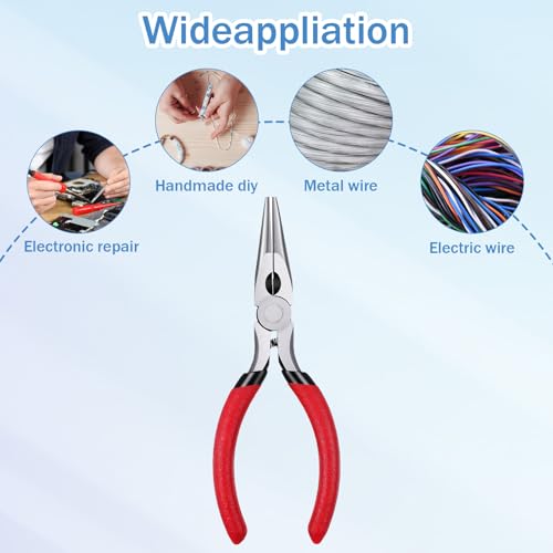 Needle Nose Pliers, 15-Piece Set with Side Cutters, Spring Loaded for Cutting and Bending Wire, 5.2-Inch Long Nose Pliers Made of Steel with PVC Handles for Secure Grip