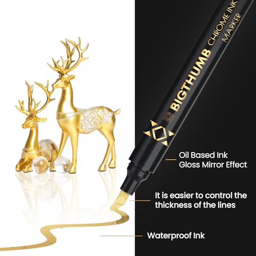BIGTHUMB 6Pcs Liquid Chrome Paint Markers, Dual Tips Gloss Mirror Marker, Oil-based Permanent Chrome Maker, Reflective Metallic Pen Markers for Repairing, Model Painting DIY Art Projects - style: 6PCS Silver, Gold, Bronze