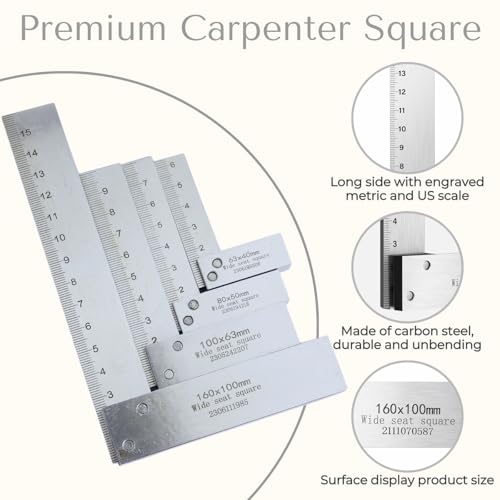 Machinist Square with Scale 2, 3, 4, 6 Inch, Atarvana 90 Degree Carpenter Square, Harden Carbon Steel Engineer Square Hard Steel Construction for Precision Layout and Measurement Woodworking